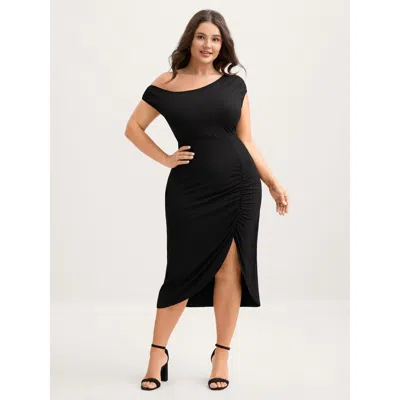Bloomchic Women's Plus Size One Shoulder Ruched Split Hem Midi Dress Black Non Midi Elegant 28/5x