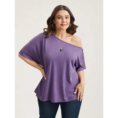 Bloomchic Women's Plus Size One-shoulder Button Knit Top Deeppurple Short Sleeve Everyday 10/m