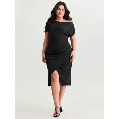 Bloomchic Women's Plus Size One-shoulder Draped Sheath Midi Dress Black Solid Length Elegant Ruched 12/l