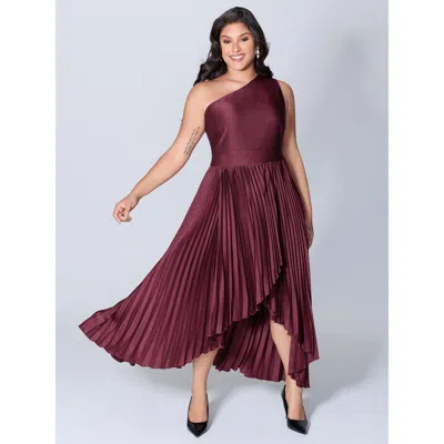 Bloomchic Women's Plus Size One-shoulder Pleated Asymmetrical Hem Midi Dress Burgundy Non Midi Party 30/6x