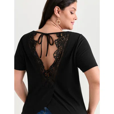 Bloomchic Women's Plus Size Open Back Lace Detail Boat Neck T-shirt Black Else Elegant Short Sleeve Round Neck