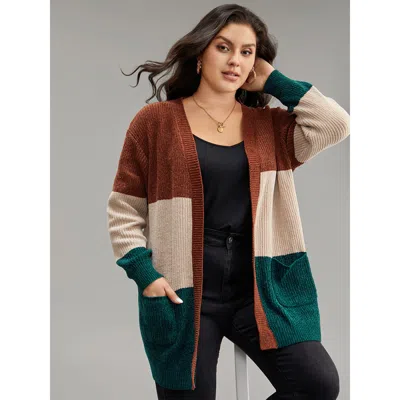 Bloomchic Women's Plus Size Open Front Colorblock Patched Pocket Cardigan Multicolor Long Sleeve 30/6x