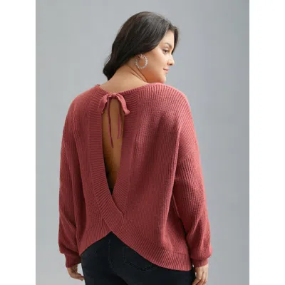 Bloomchic Women's Plus Size Open Wrap Back Textured Tied Pullover Rust Long Sleeve 22-24/3x In Brown