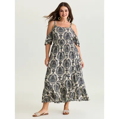 Bloomchic Women's Plus Size Ornate Print Cold-shoulder Maxi Dress Multicolor Bohemian Print Midi Vacation Gath