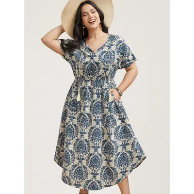 Bloomchic Women's Plus Size Ornate Print Curvy Hem Tied Maxi Dress Navy Bohemian Print Midi Vacation Tie Knot  In Blue