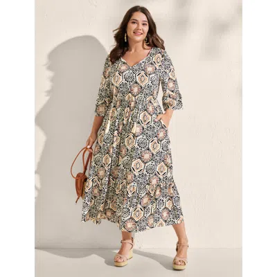 Bloomchic Women's Plus Size Ornate Print Neck-tie Maxi Dress Blackflower Bohemian Print Midi Vacation Tie Knot