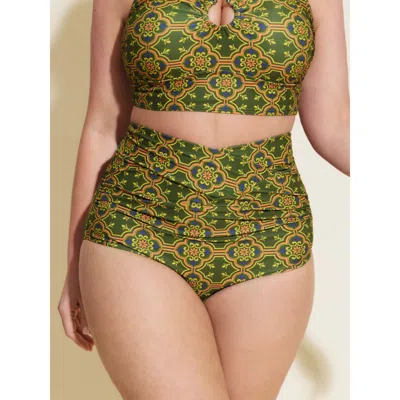 Bloomchic Women's Plus Size Ornate Print Overlap Waist Swim Bottoms Moss Geometric Cropped Non Elastic Waist 1 In Green
