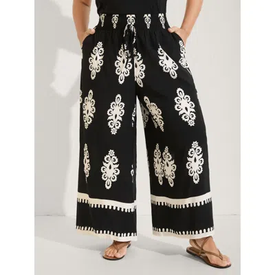 Bloomchic Women's Plus Size Ornate Print Shirred Wide-leg Pants Black Ethnic Floral Wide Leg Mid Rise Vacation