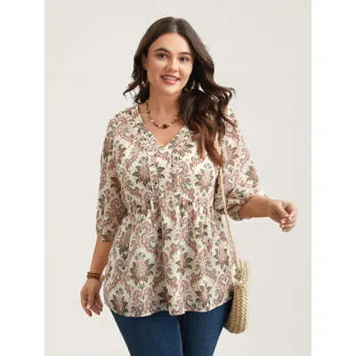 Bloomchic Women's Plus Size Ornate Print Stretchy Waist Lined Shirt Beige Paisley Vacation 3/4 Sleeve Deep V-n In Sand