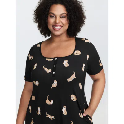 Bloomchic Women's Plus Size Otter Print Stretchy Button Detail Nightgown Black Short Sleeve Short 10/m