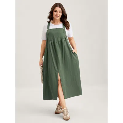 Bloomchic Women's Plus Size Overall Straps Front Slit Pockets Midi Dress Emerald Non Midi Casual Slit 10/m In Green