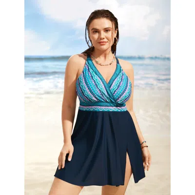 Bloomchic Women's Plus Size Overlap Collar Bandana Patchwork Split Hem Swim Dress Indigo Bohemian Print Gather In Purple