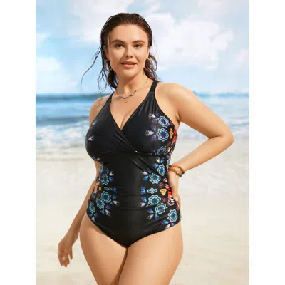 Bloomchic Women's Plus Size Overlap Collar Boho Print Gathered One Piece Swimsuit Black Gradient Dyeing Gather