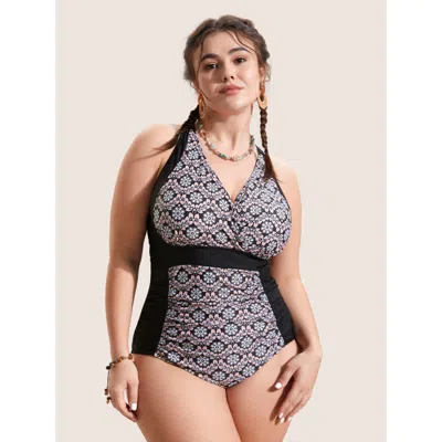 Bloomchic Women's Plus Size Overlap Collar Boho Print Patchwork One Piece Swimsuit Black Bohemian Print Gather