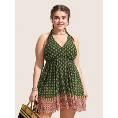 Bloomchic Women's Plus Size Overlap Collar Boho Print Patchwork Swim Dress Armygreen Leaf Mesh Panel Adaptive-