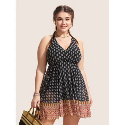 Bloomchic Women's Plus Size Overlap Collar Boho Print Patchwork Swim Dress Black Leaf Mesh Panel Adaptive-fit 
