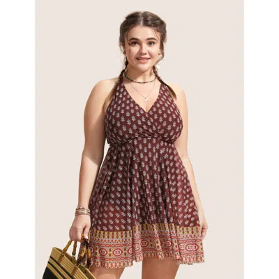 Bloomchic Women's Plus Size Overlap Collar Boho Print Patchwork Swim Dress Deepred Leaf Mesh Panel Adaptive-fi In Red