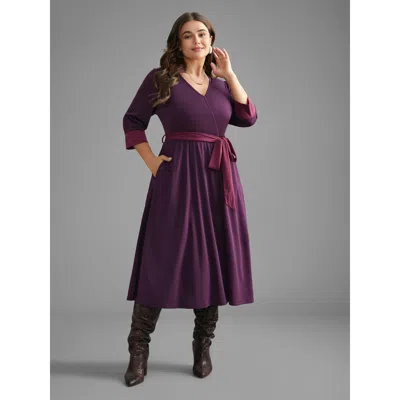 Bloomchic Women's Plus Size Overlap Collar Contrast Belted Midi Dress Deeppurplered Non Midi Everyday Belted 2
