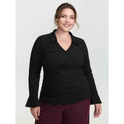 Bloomchic Women's Plus Size Overlap Collar Flared Sleeve Plain Knit Top Black Long Sleeve Elegant 30/6x
