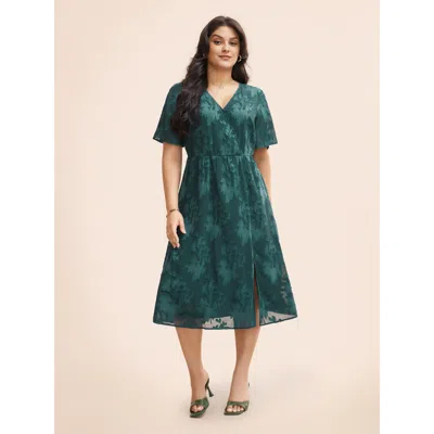 Bloomchic Women's Plus Size Overlap Collar Jacquard Split Hem Dress Cyan Synthetic Texture Midi Everyday Textu In Blue