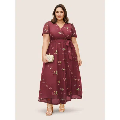 Bloomchic Women's Plus Size Overlap Collar Mesh Floral Embroidered Dress Burgundy Floral Maxi Party Overlappin