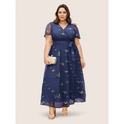 Bloomchic Women's Plus Size Overlap Collar Mesh Floral Embroidered Dress Darkblue Floral Maxi Party Overlappin In Blue