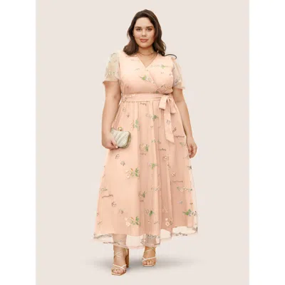Bloomchic Women's Plus Size Overlap Collar Mesh Floral Embroidered Dress Lightpink Floral Maxi Party Overlappi