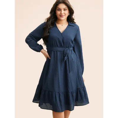 Bloomchic Women's Plus Size Overlap Collar Plain Textured Midi Dress Darkblue Synthetic Texture Midi Everyday  In Blue