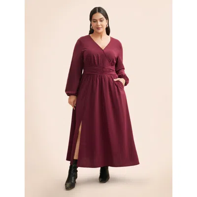 Bloomchic Women's Plus Size Overlap Collar Ruched Lantern Sleeve Maxi Dress Burgundy Non Maxi Everyday Gathere