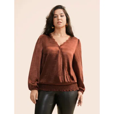 Bloomchic Women's Plus Size Overlap Collar Shirred Lace Trim Blouse Browncoffeecolor Non Party Long Sleeve 12/