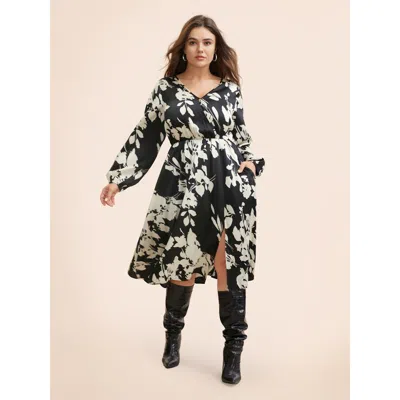 Bloomchic Women's Plus Size Overlap Collar Silhouette Floral Print Gathered Dress Black Floral Midi Elegant Sl