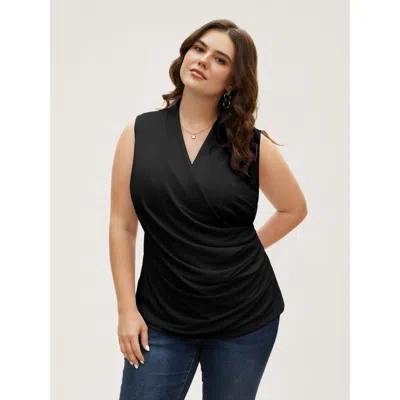 Bloomchic Women's Plus Size Overlap Collar Solid Pleated Tank Top Black Elegant Fitted Fit & Flare V-neck 28/5