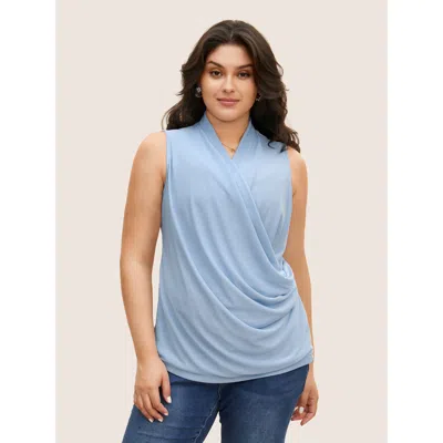 Bloomchic Women's Plus Size Overlap Collar Solid Pleated Tank Top Lightblue Elegant Fitted Fit & Flare V-neck  In Blue