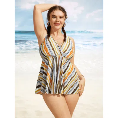 Bloomchic Women's Plus Size Overlap Collar Striped Elastic Waist Swim Top Multicolor Stripes Sleeveless Colorb