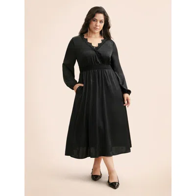 Bloomchic Women's Plus Size Overlap Collar Textured Shirred Lace Trim Dress Black Non Midi Party Woven Ribbon&