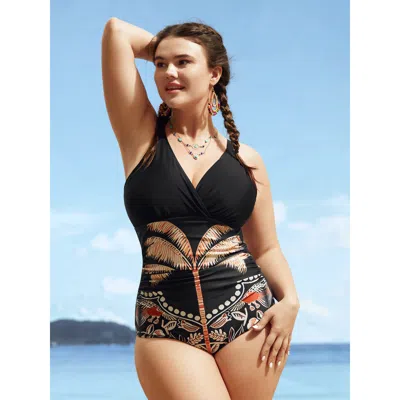 Bloomchic Women's Plus Size Overlap Collar Tropical Print Gathered One Piece Swimsuit Black Tropical Gathered 