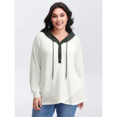 Bloomchic Women's Plus Size Overlap Hem Color Block Hooded Waffle Sweatshirt Ivory Casual 28/5x In White
