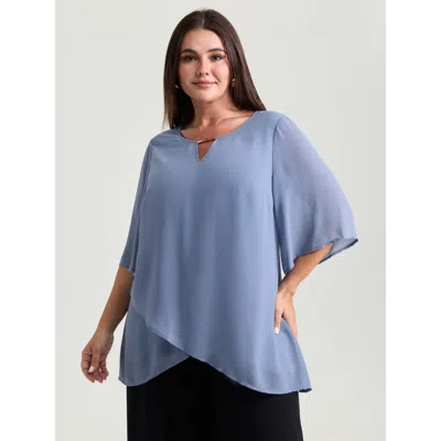 Bloomchic Women's Plus Size Overlap Hem Keyhole Neckline Metallic Detail Blouse Stone Non Office Half Sleeve 1 In Gray