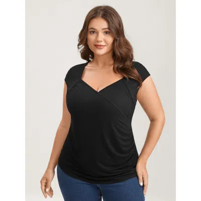 Bloomchic Women's Plus Size Overlap Knit Sweetheart Neck T-shirt Black Non Elegant Cap Sleeve 30/6x