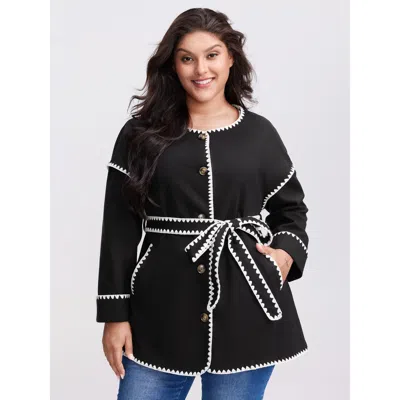 Bloomchic Women's Plus Size Overlock Stitch Color Contrast Belted Coat Black Belted H-line 10/m