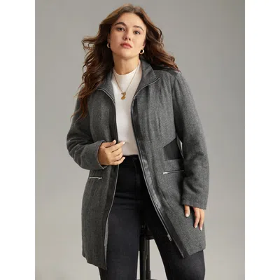 Bloomchic Women's Plus Size Padded Patchwork Pu Leather Zipper Coat Black Texture 10/m