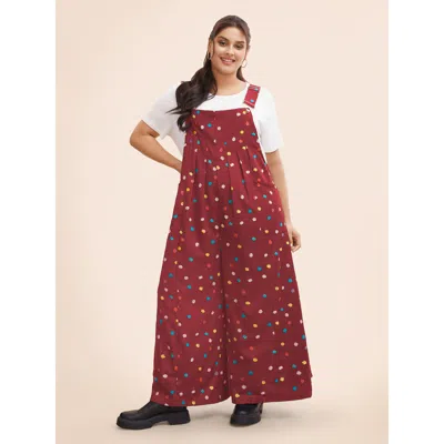 Bloomchic Women's Plus Size Painted Polka Dot Adjustable Straps Jumpsuit Burgundy Casual Relaxed Fit 12/l
