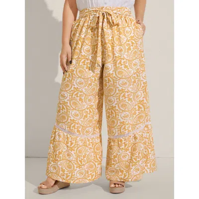 Bloomchic Women's Plus Size Paisely Print Lace Trim Wide-leg Pants Lightyellow Paisley Wide Leg Mid Rise Vacat