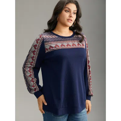 Bloomchic Women's Plus Size Paisley Contrast Patchwork Rib Knit Sweatshirt Darkblue Paisley Dailywear 10/m In Blue