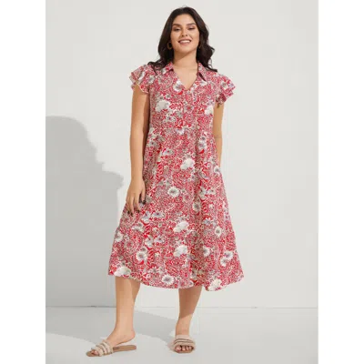 Bloomchic Women's Plus Size Paisley Print Collar Flutter Sleeve Midi Dress Raspberry Paisley Midi Vacation Ruf In Pink