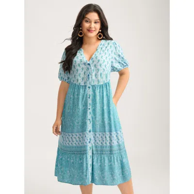 Bloomchic Women's Plus Size Paisley Print Contrast Button Placket Midi Dress Mint Paisley Midi Vacation 10/m In Green