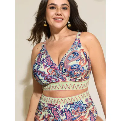 Bloomchic Women's Plus Size Paisley Print Contrast Edge Bikini Top Beige Paisley Sleeveless Patchwork Adjustab In Sand
