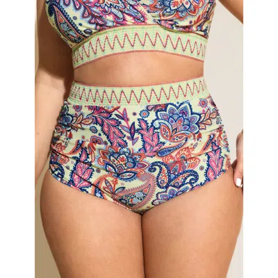 Bloomchic Women's Plus Size Paisley Print Contrast Waistband Bikini Bottoms Beige Paisley Cropped Patchwork El In Sand
