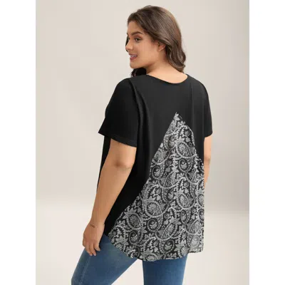 Bloomchic Women's Plus Size Paisley Print Crew Neck Spliced T-shirt Black Floral Casual Short Sleeve Round Nec