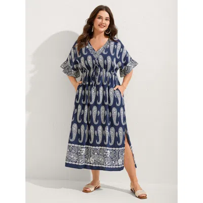 Bloomchic Women's Plus Size Paisley Print Dolman Ruffled Sleeve Midi Dress Navy Paisley Midi Vacation Tie Knot In Blue